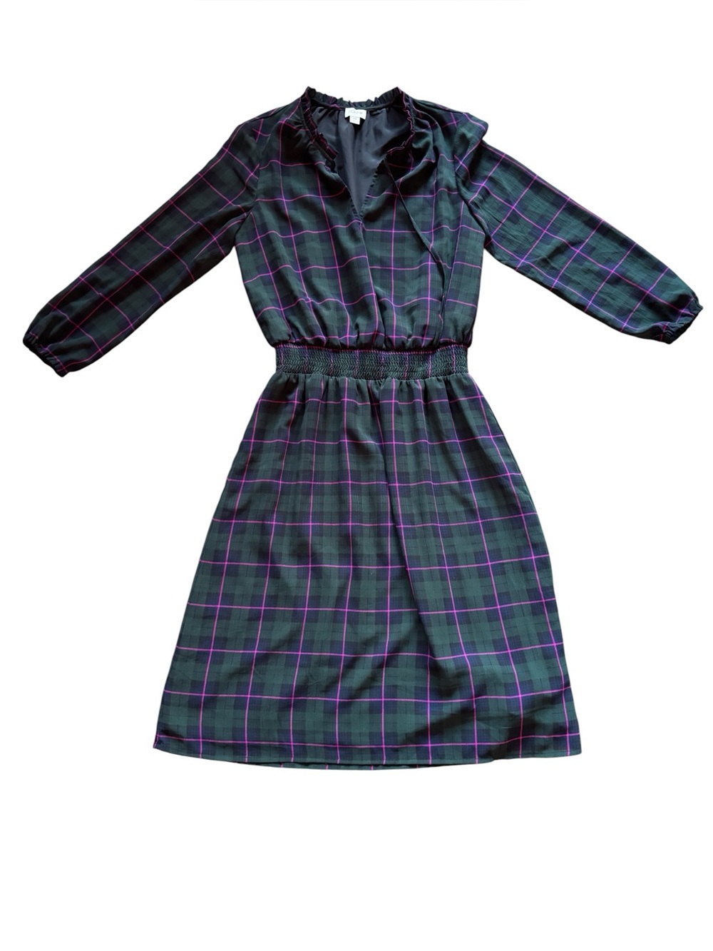 ✨J.Crew green and pink plaid dress with ruffle collar and smocked waist✨